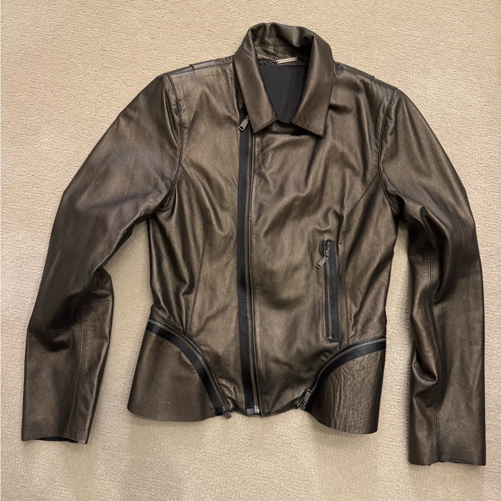 Elie Tahari Emalia Motor Bronze leather with Black trimmed zipper Detail